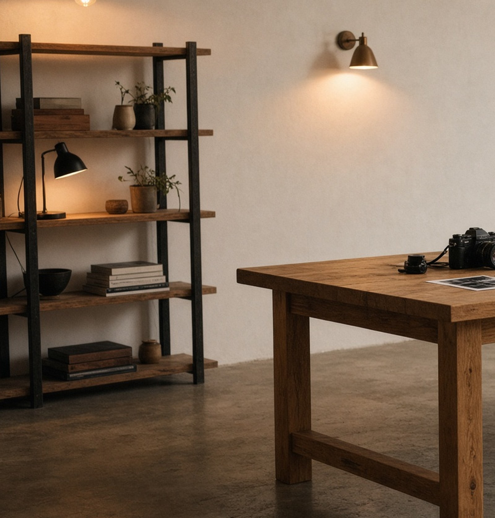 HookCTA studio — table, camera, and printed boards under warm light